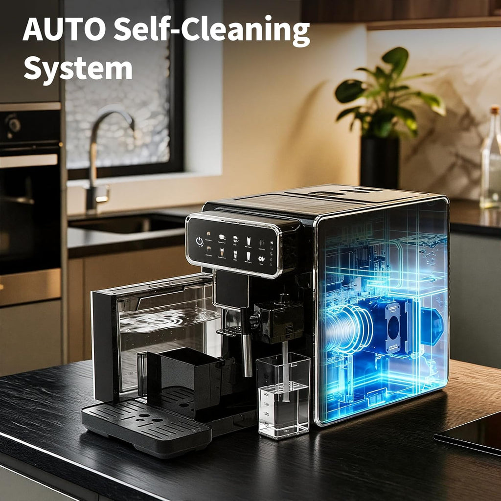 Automatic Espresso Machine with Grinder and Milk Frother - Grinder Coffee Machine Expresso Maker with 7 One-Touch Coffee Recipes for Latte, Cappuccino, Americano, Iced and Hot Coffee (Black)