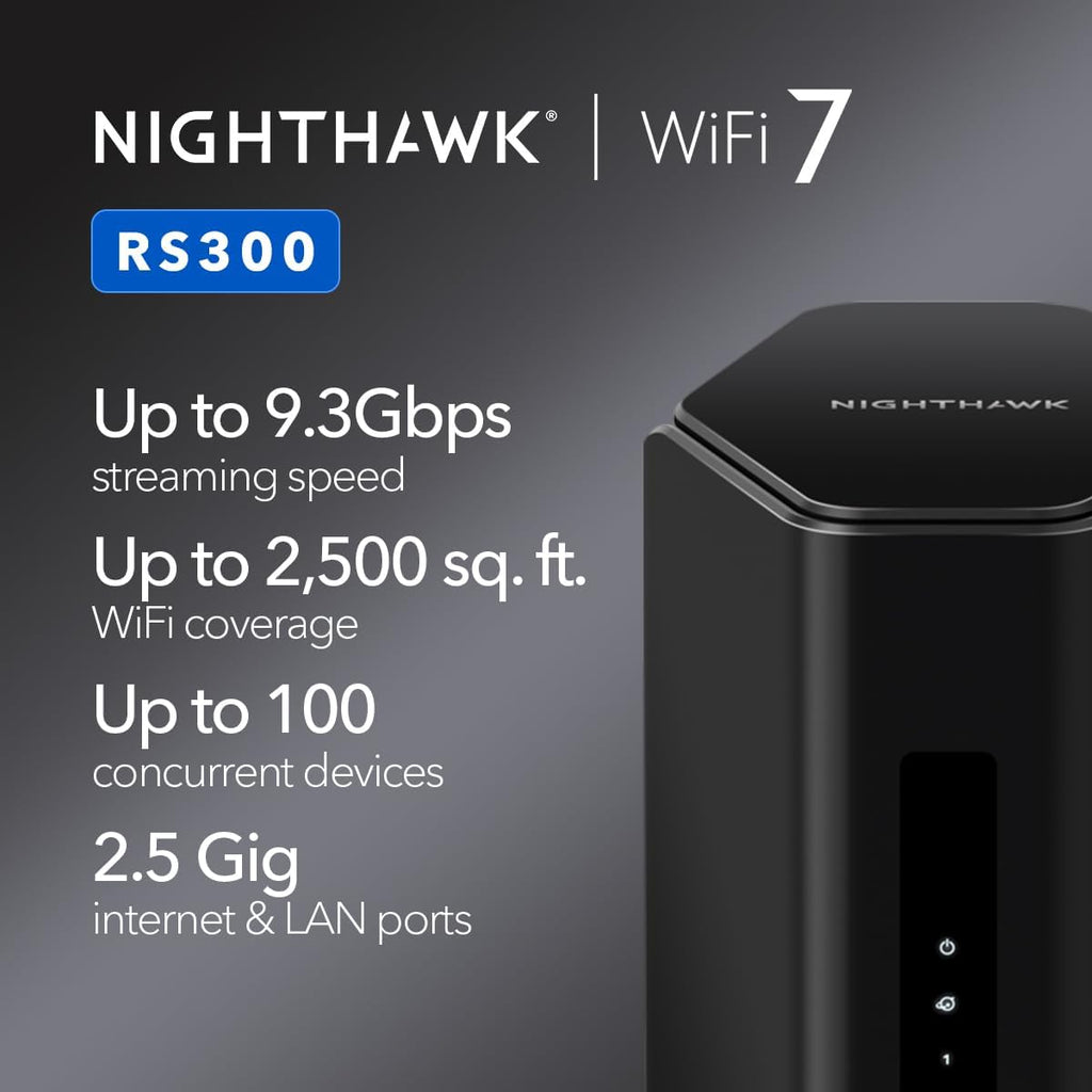 NETGEAR RS300-100NAR Nighthawk RS300 Tri-Band WiFi 7 Router  Wireless Speed Up to 9.3 Gbps  Covers Up to 2500 Sq. Ft.  Black - Certified Refurbished