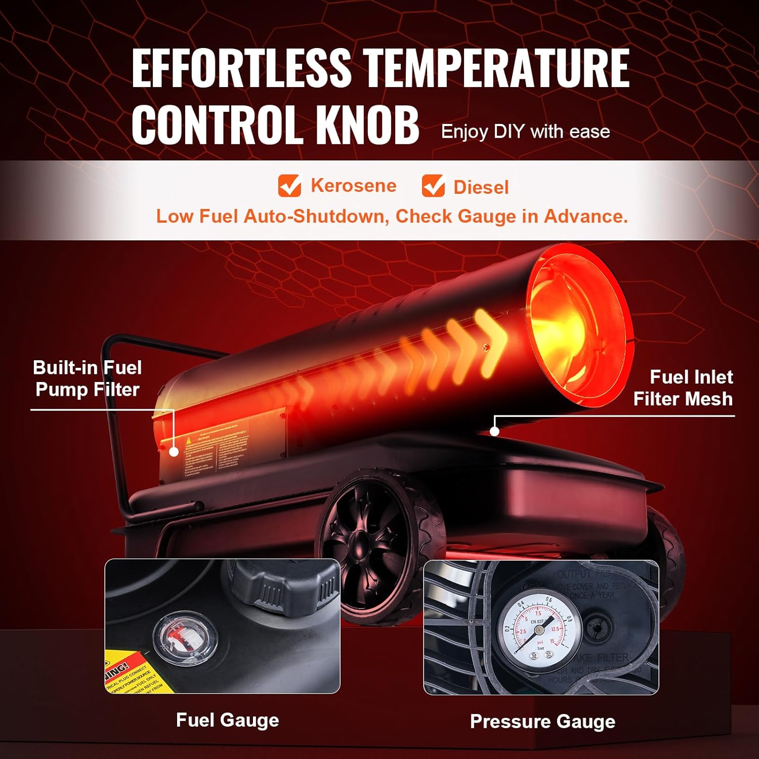 VEVOR Kerosene Forced Air Heater, 175000 BTU Portable Torpedo Diesel Space Heater with Thermostat, 13.2 Gallon Tank Energy-Efficient heavy-duty Heater, for Indoor Outdoor Use Workshop Industry