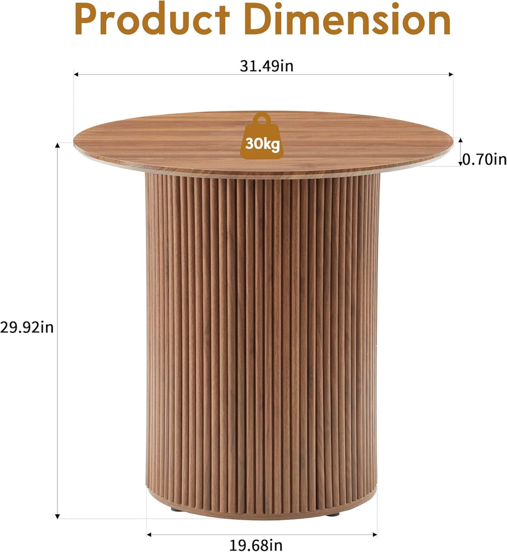 31.5" Small Round Dining Table for 2, Sturdy and Durable Wood Walnut Dining Table Round with Fluted Base, Simple Setup Small Kitchen Table for Living Dining Room Office (Walnut)