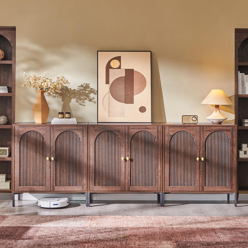 Modern TV Stands for 80 Inch TVs, 92.63" W Wood Entertainment Center w/Adjustable Shelves, Mid Century Modern TV Stand w/Arched Fluted Doors, Media Console Cabinet for Living Room, Brown