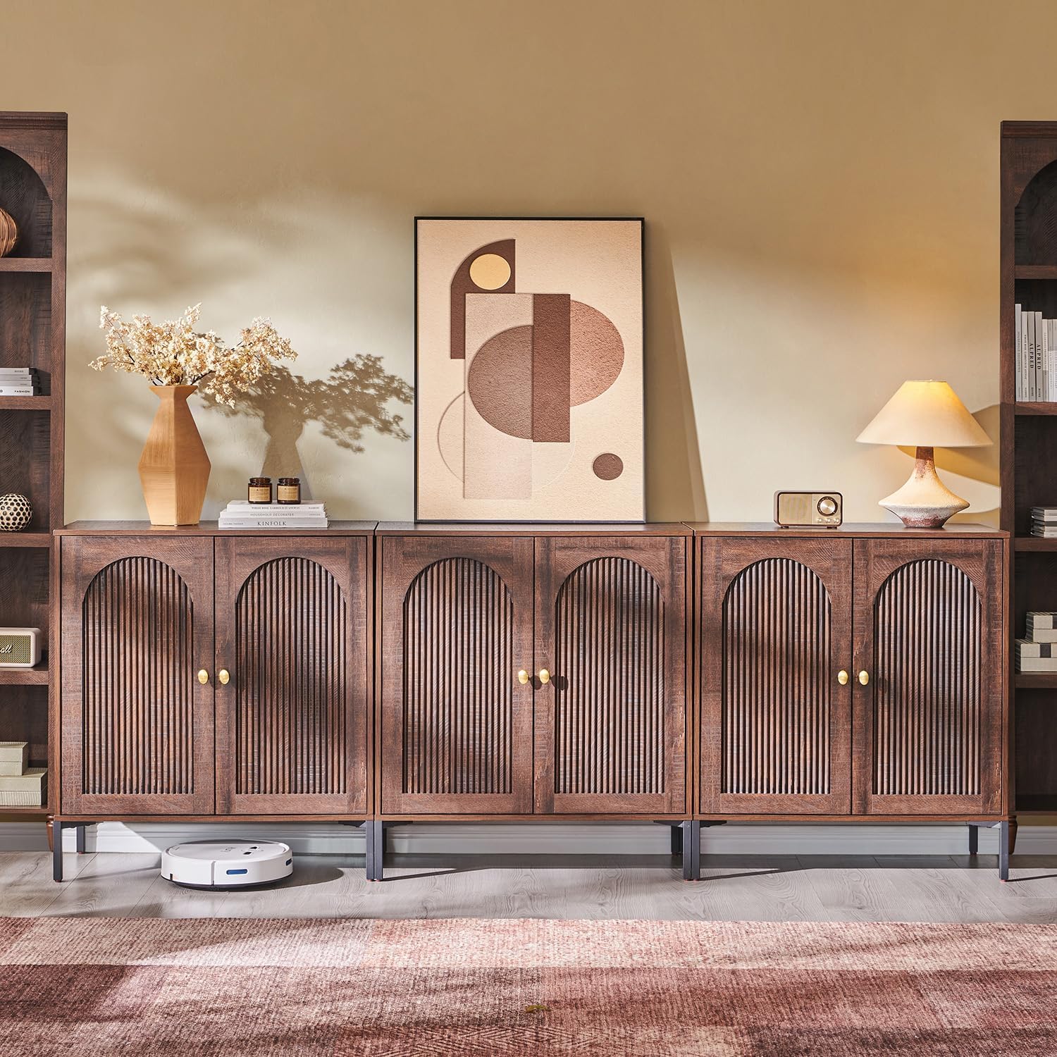 Modern TV Stands for 80 Inch TVs, 92.63" W Wood Entertainment Center w/Adjustable Shelves, Mid Century Modern TV Stand w/Arched Fluted Doors, Media Console Cabinet for Living Room, Brown