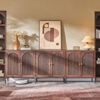 Modern TV Stands for 80 Inch TVs, 92.63" W Wood Entertainment Center w/Adjustable Shelves, Mid Century Modern TV Stand w/Arched Fluted Doors, Media Console Cabinet for Living Room, Brown