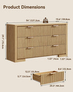 Fluted 6 Drawer Dresser for Bedroom, 54" Wide Chest of Drawers with Metal Handle, Modern Storage Dressers Organizer for Living Room, Hallway, Natural Oak