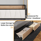 LIKIMIO California King Size Bed Frame, Storage Headboard with Charging Station, Platform Bed with Drawers, No Box Spring Needed, Easy Assembly, Wood and Cream