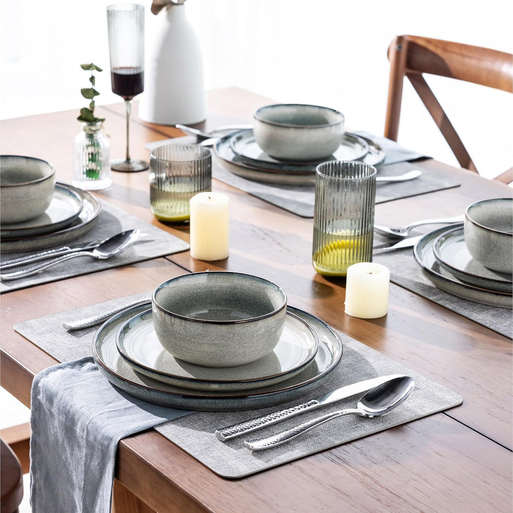 GBHOME 24 Pieces Double Bowls Ceramic Dinnerware Sets for 6, Stoneware Plates and Bowls Set with Reactive Glaze, Scratch Resistant Stoneware Dishes Set, Dishwasher & Microwave Safe