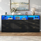 Fluted 9 Drawer Dresser with LED Lights, Modern Black Chest of Drawers with Power Outlet & Curved Top, Wood Dresser TV Stand, Black Double Dresser for Bedroom, Hallway, Living Room