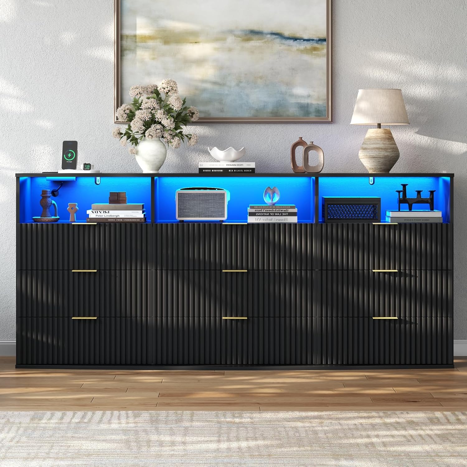 Fluted 9 Drawer Dresser with LED Lights, Modern Black Chest of Drawers with Power Outlet & Curved Top, Wood Dresser TV Stand, Black Double Dresser for Bedroom, Hallway, Living Room