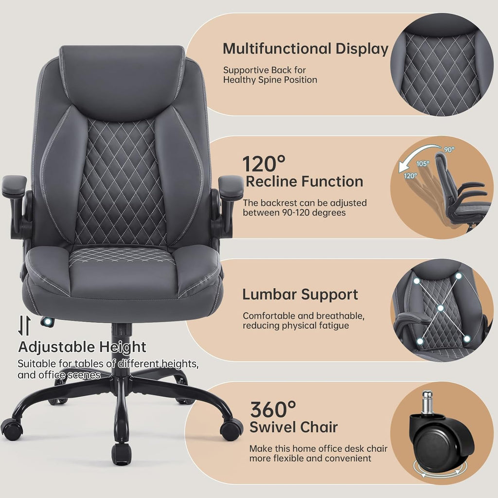 YFO Leather Office Chair, Ergonomic Home Office Desk Chair, Back Support Swivel Executive Office Chair with Wheels and Flip-Up Armrests, Small Gaming Chair with Adjustable Rocking Function, Grey