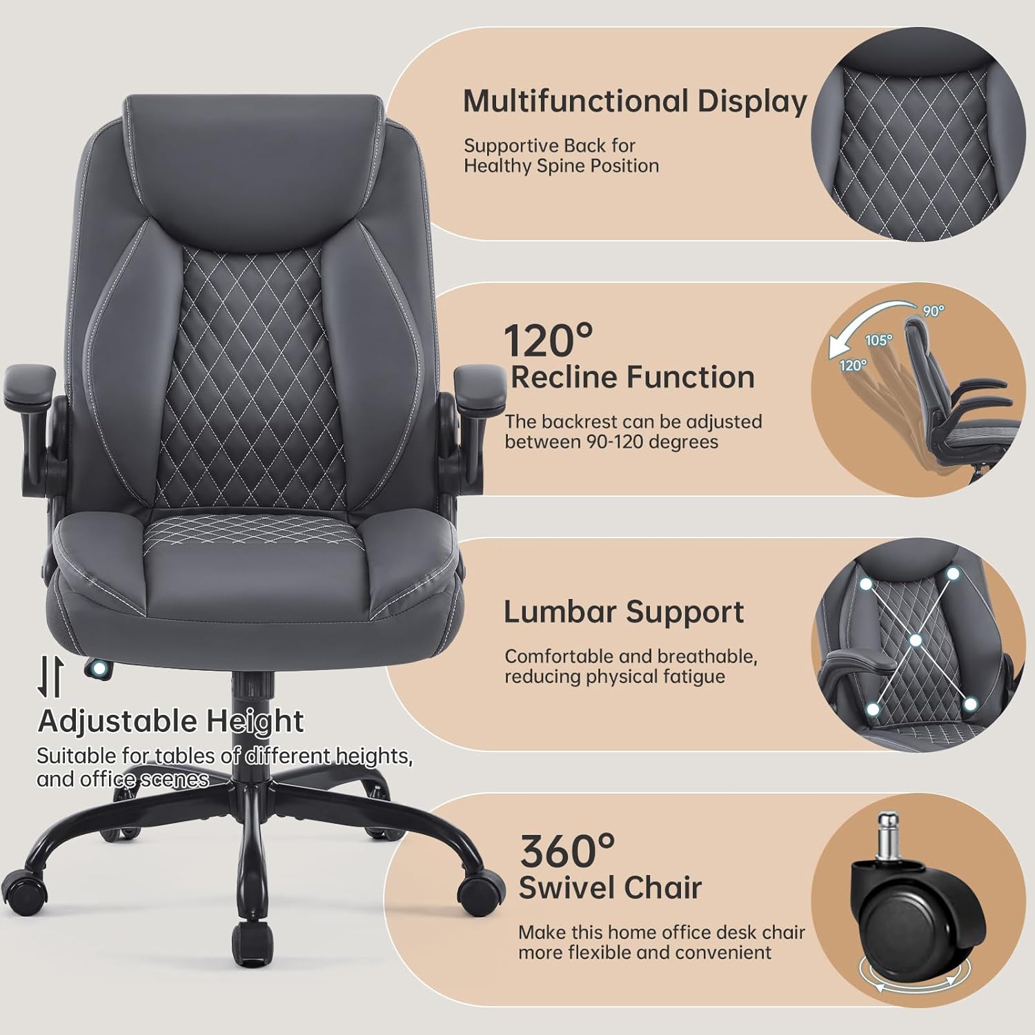 YFO Leather Office Chair, Ergonomic Home Office Desk Chair, Back Support Swivel Executive Office Chair with Wheels and Flip-Up Armrests, Small Gaming Chair with Adjustable Rocking Function, Grey