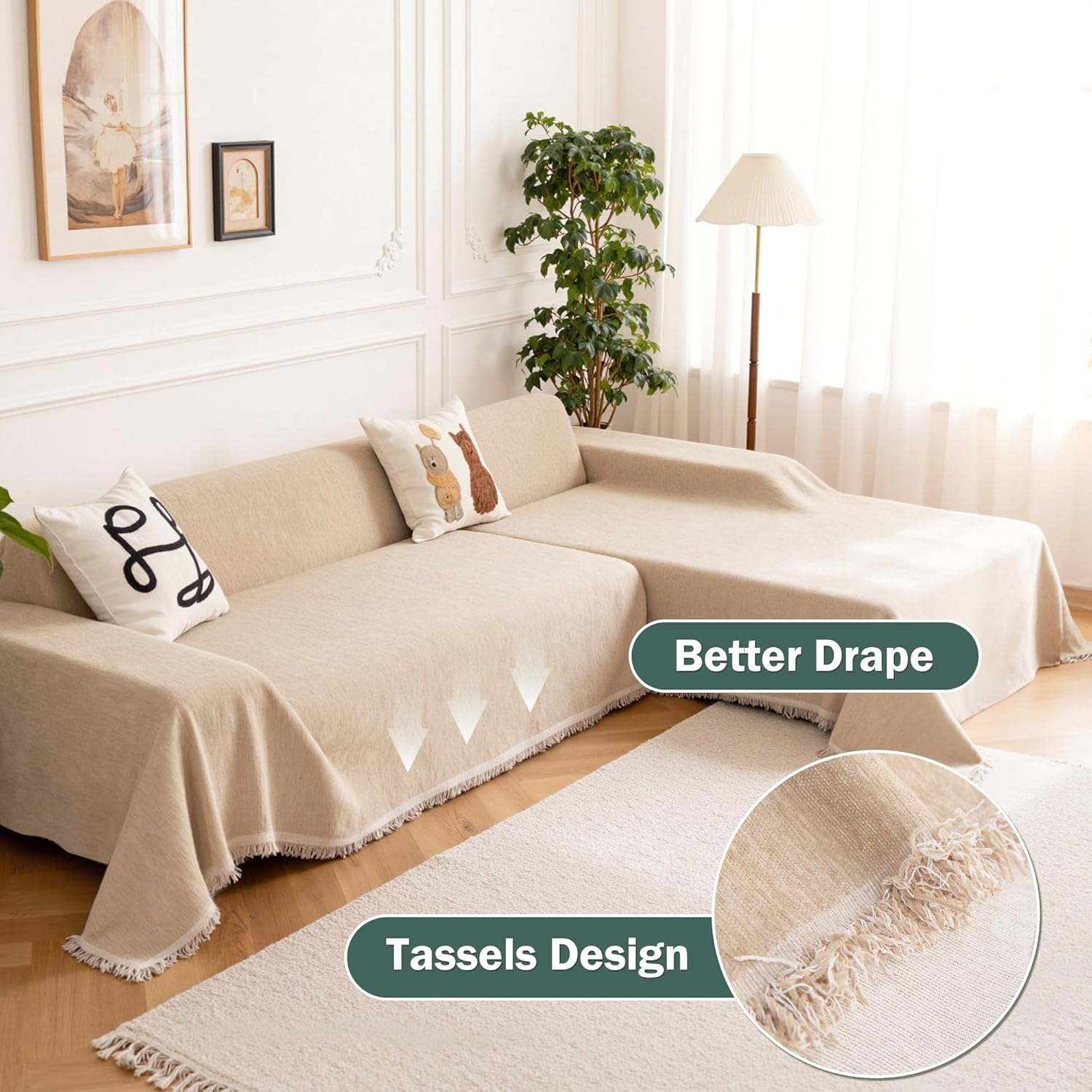 MEETSKY Sectional Couch Covers L Shape, 2 Pieces Chenille Washable Sofa Covers, Furniture Protector for Pets, Kids, Sofa Slipcover for 3-4 Cushion Couch (XX-Large, 71"x118"+91"x134", Khaki)
