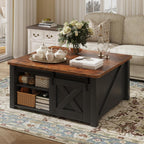 DUMOS Coffee Table, Lift Top Center Table with Storage, Square Living Room Tables with Adjustable Shelves, Wooden Center Coffee Table with Hidden Storage Compartment, Black