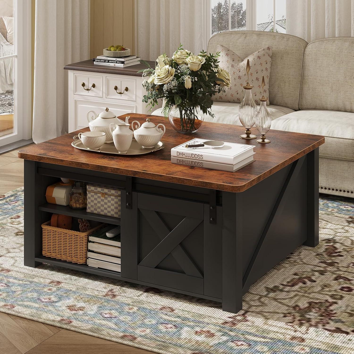 DUMOS Coffee Table, Lift Top Center Table with Storage, Square Living Room Tables with Adjustable Shelves, Wooden Center Coffee Table with Hidden Storage Compartment, Black
