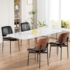 Dining Chairs Set of 4, Mid-Century Modern Upholstered PU Leather Chairs with Walnut Bentwood Back and Metal Legs Adjustable Feet for Kitchen Dining Room, Black Shell Strips