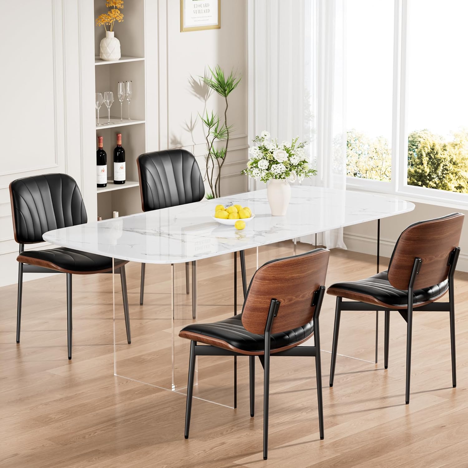 Dining Chairs Set of 4, Mid-Century Modern Upholstered PU Leather Chairs with Walnut Bentwood Back and Metal Legs Adjustable Feet for Kitchen Dining Room, Black Shell Strips