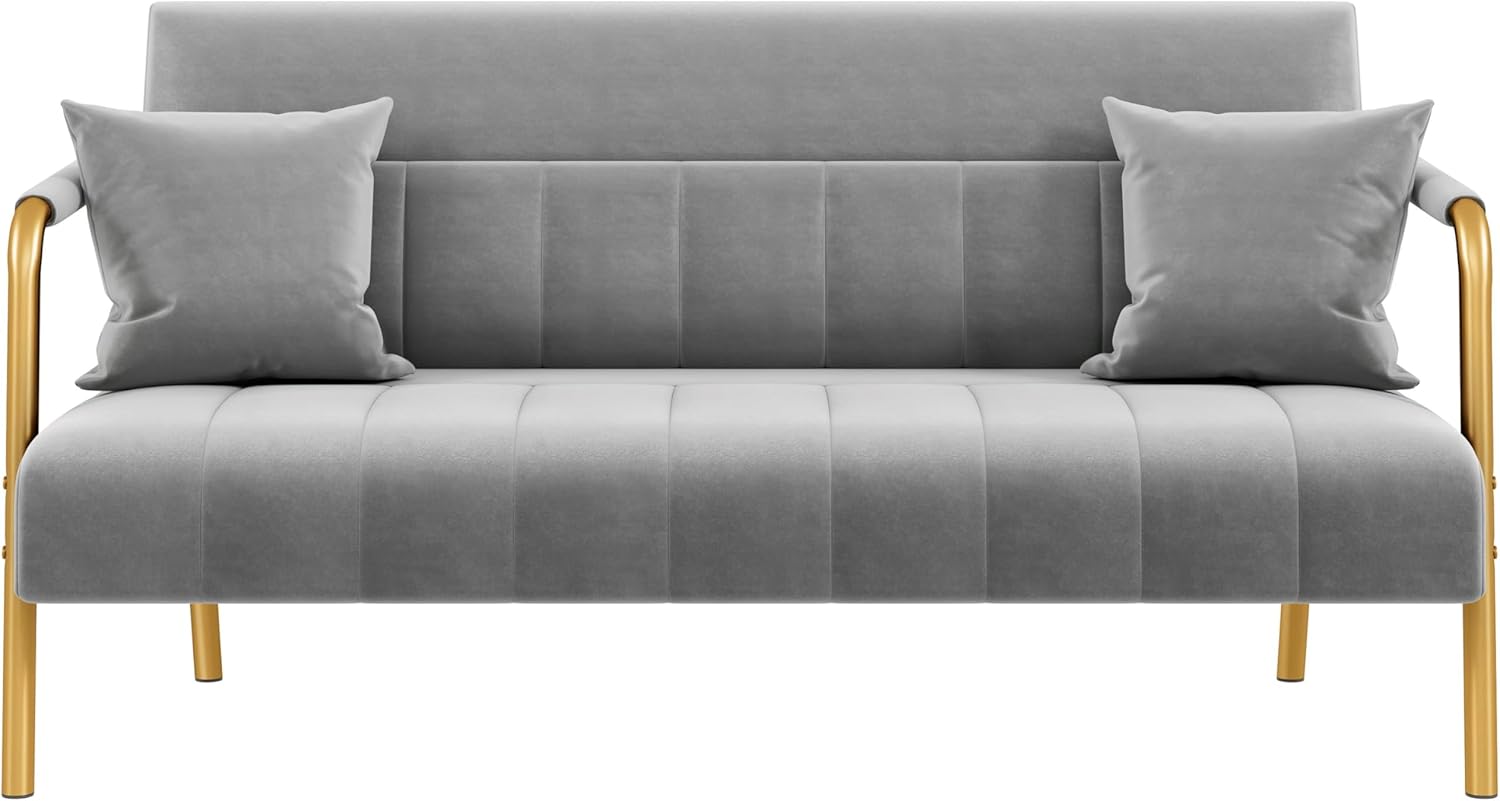 Yaheetech 56.5" W Modern Sofa Small Sofa Luxurious Velvet Fabric Couch with Gold-Tone Metal Arms and Legs for Living Room, Home Office, Studio Light Gray
