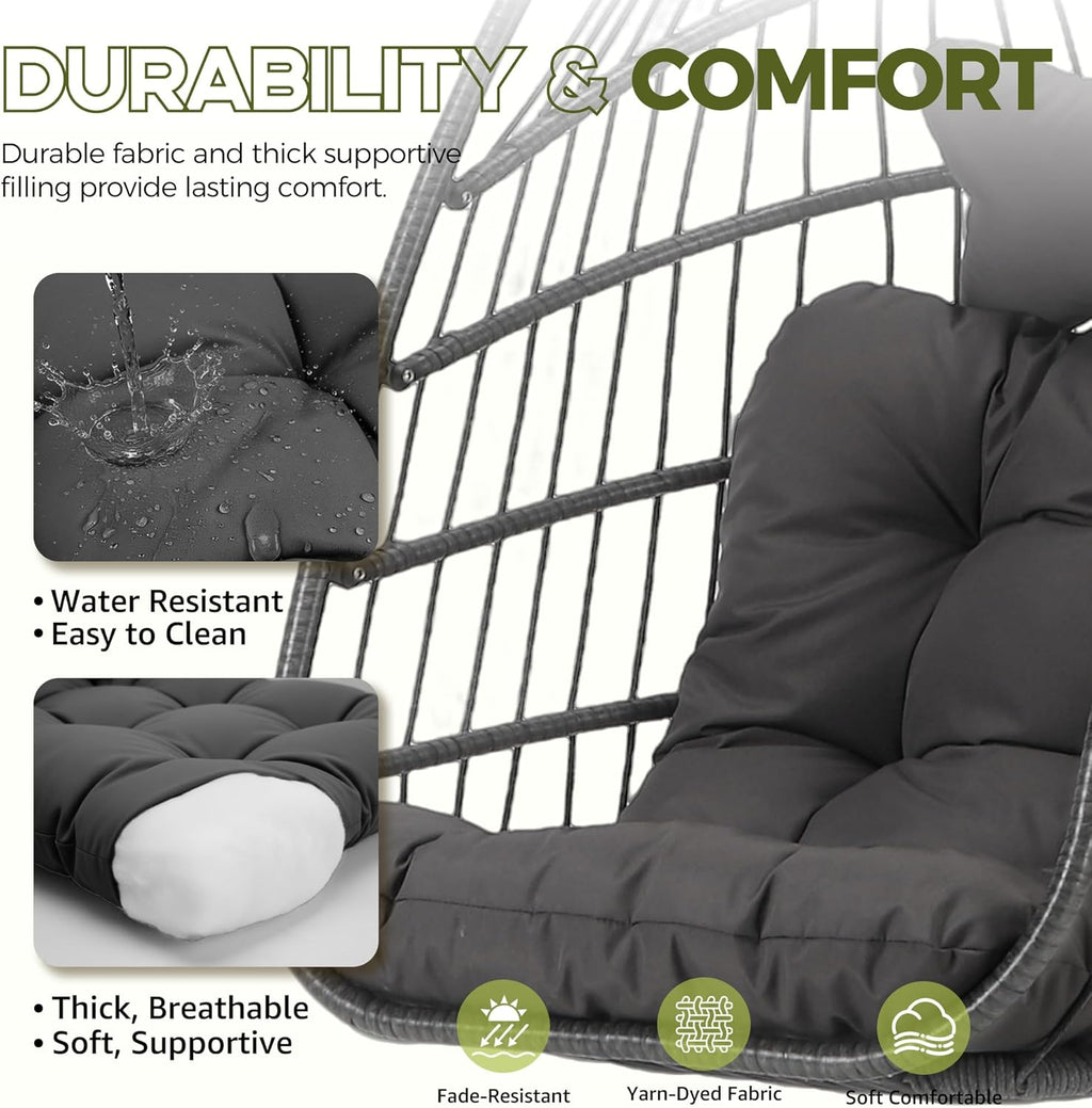 RADIATA Outdoor Egg Chair Without Stand, Foldable Durable Rattan Wicker Hanging Swing Basket, 350 Lbs Heavy-Duty Hammock Chair with Cushion for Patio Balcony Garden Ceiling or Tree Mount, Dark Gray