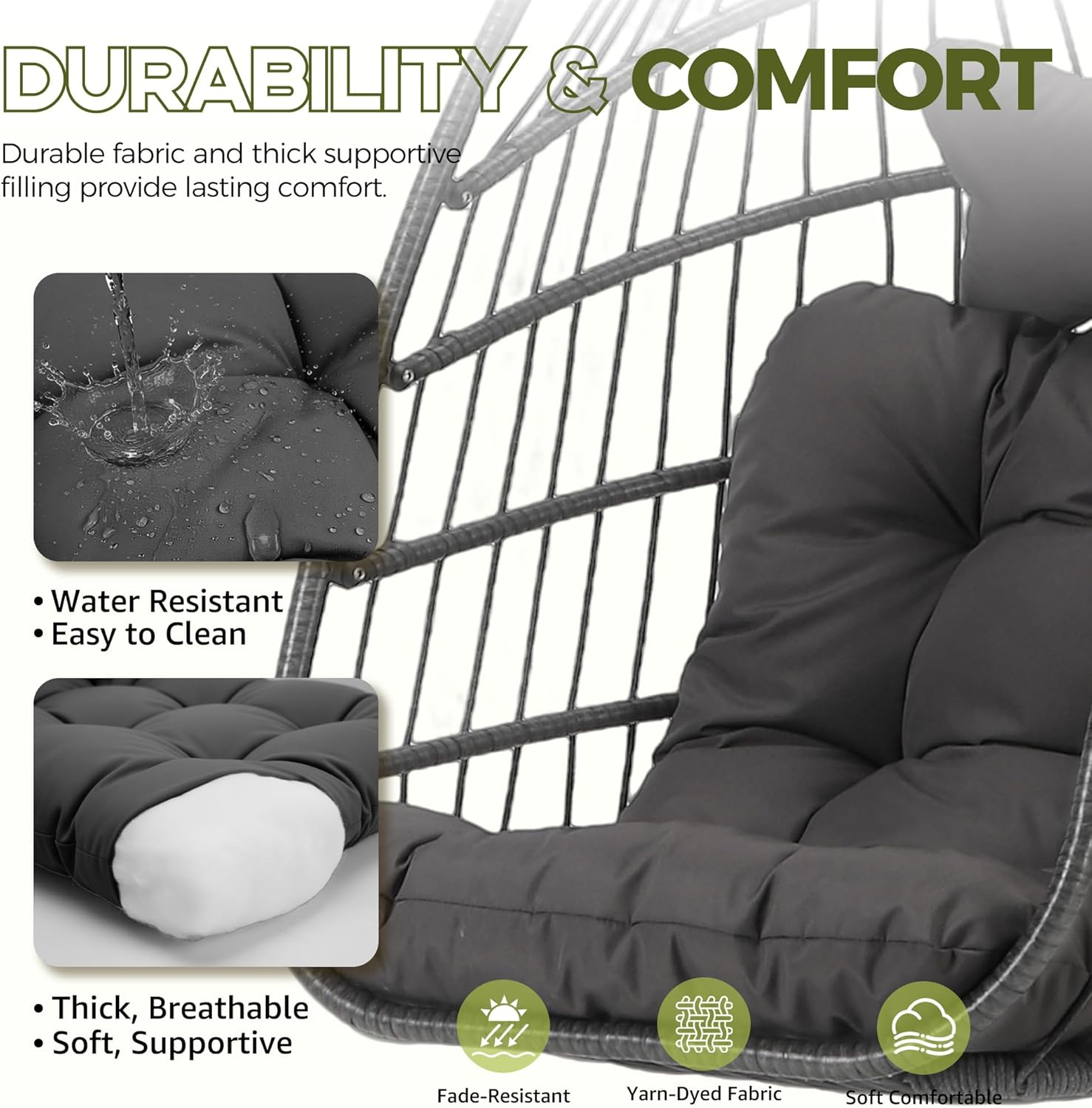 RADIATA Outdoor Egg Chair Without Stand, Foldable Durable Rattan Wicker Hanging Swing Basket, 350 Lbs Heavy-Duty Hammock Chair with Cushion for Patio Balcony Garden Ceiling or Tree Mount, Dark Gray