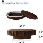 Oval Coffee Table with Storage, Modern Walnut Coffee Table with Solid Wood Veneered, Fluted Center Table Wood Drum Tea Table for Living Room Apartment, 47.2''L×23.6''W×14.2''H