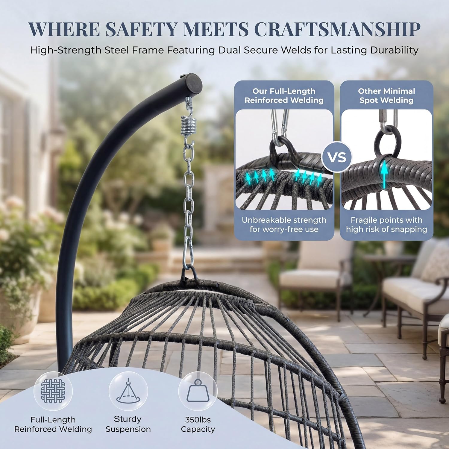 NICESOUL All Weather Swing Egg Chair Indoor Outdoor, Comfy Rattan Patio Basket Hanging Chair with Stand and Cushions, 350lbs Heavy Duty Sturdy Egg Hammock Chairs for Porch Balcony Deck Garden, Gray