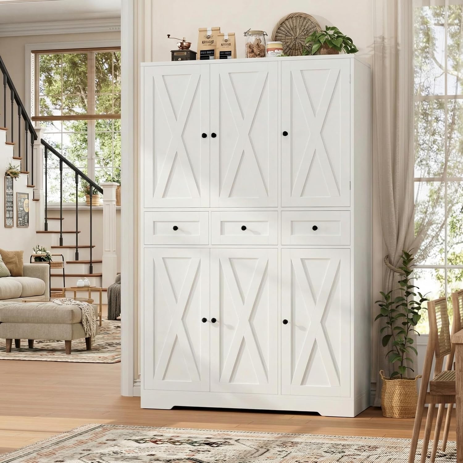 HOSTACK Modern Farmhouse Kitchen Pantry Storage Cabinet, 67" H Kitchen Pantry Cabinet with Barn Doors and Shelves, Freestanding Food Storage Cabinets with Drawers for Dining Room, Living Room, White