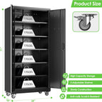 Garage Storage Cabinet with Wheels and Pegboard, Lockable Metal Storage Cabinet with 5 Adjustable Shelves and 4 Hooks for Garage,Warehouse, Assembly Required, Black, 71" H x 34" W x 18" D