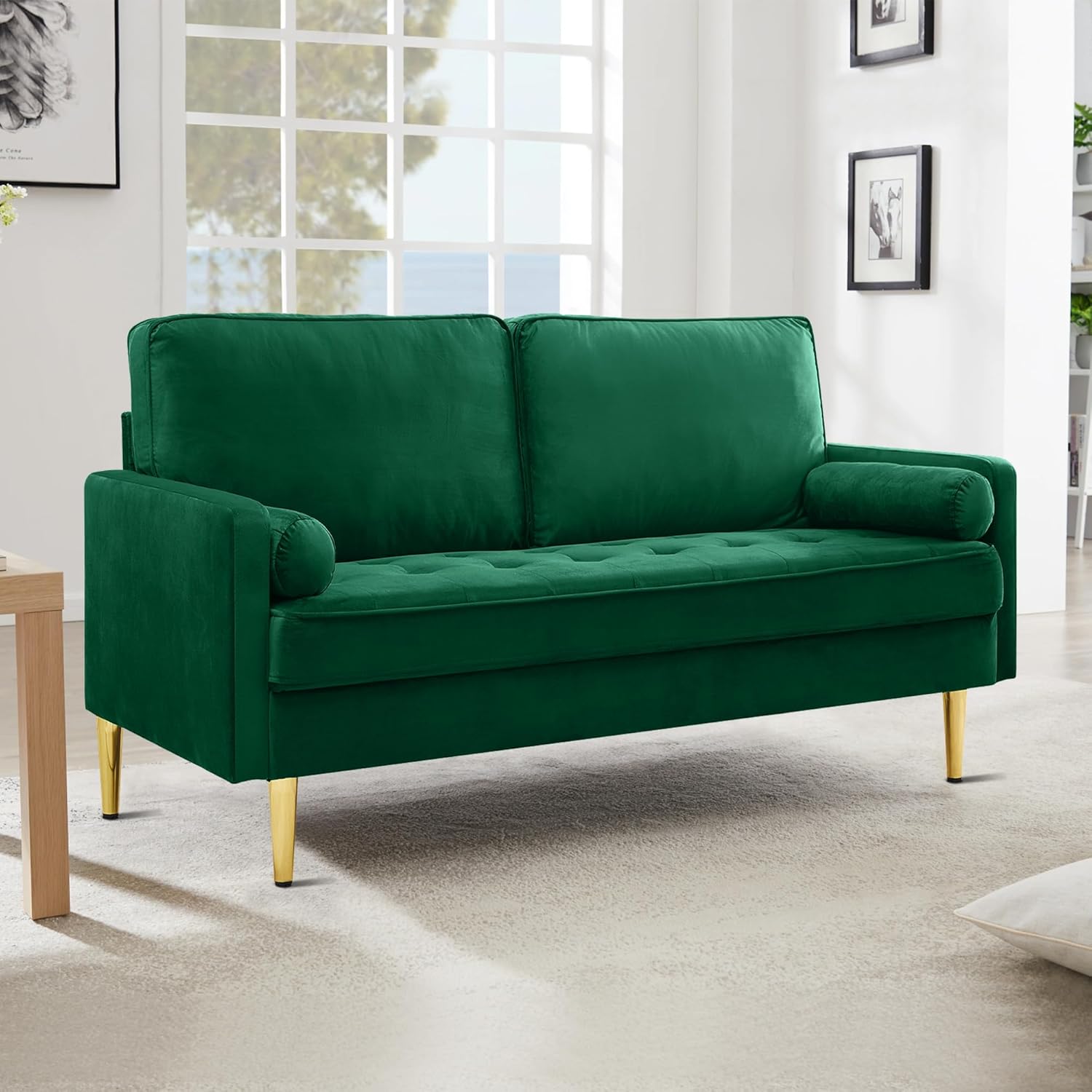 67" Modern Velvet Loveseat Sofa Couch, Mid-Century Tufted Upholstered Small Love Seat Couch with 2 Pillows & 4 Golden Legs, 2-Seats Couches for Compact Space, Living Room, Apartment (Emerald)