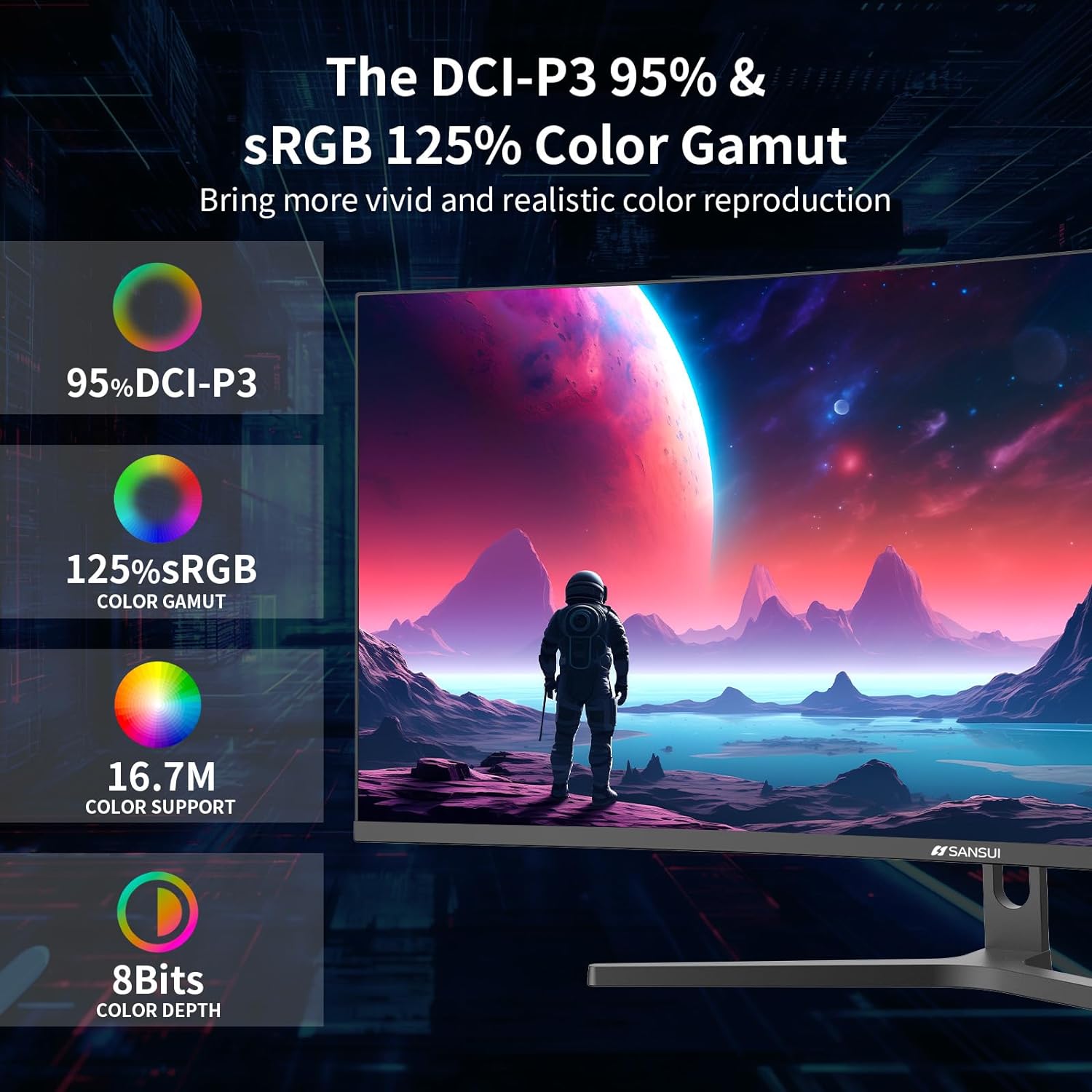 SANSUI 34-Inch Curved Gaming Monitor UWQHD 3440 x 1440 Up to 165Hz Curved 1500R - PIP/PBP  1ms(MPRT)  HDR  300nits  sRGB 125%  DCI-P3 95% FreeSync HDMIx2 DP1.4(Cable Included)