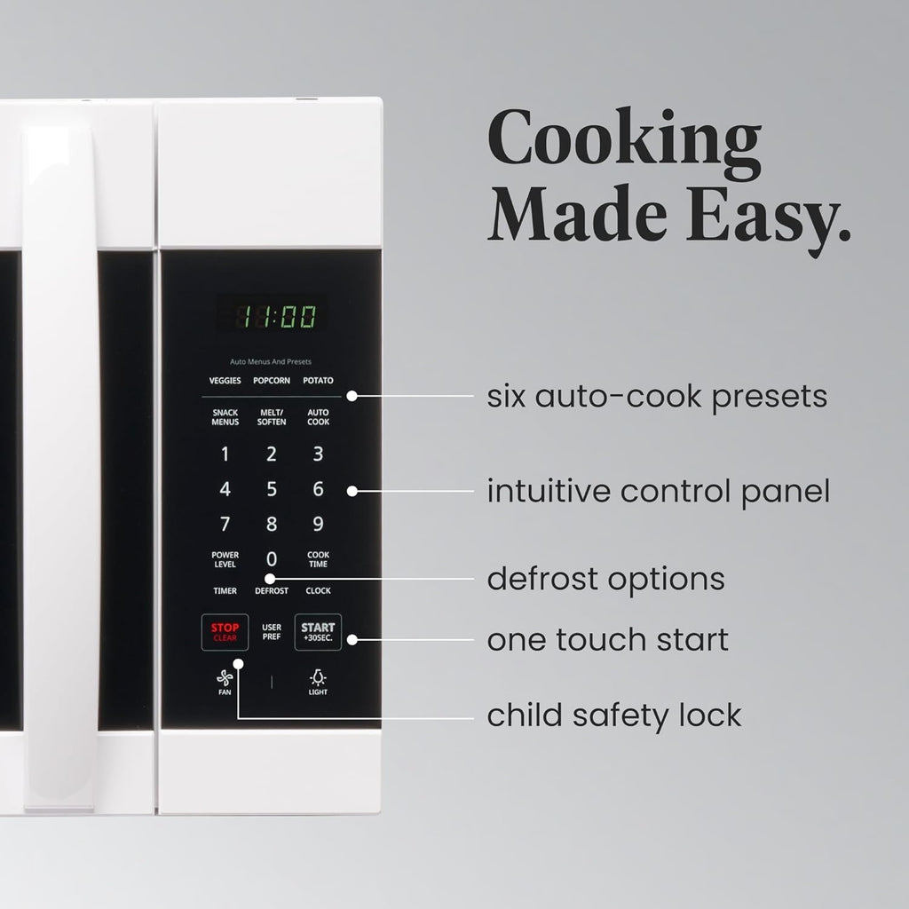 Farberware 1.7 Cu. Ft. Over-the-Range Microwave Oven – 1000 Watts Power, Auto Cook Settings, Defrost, Easy Clean and Child Safety Lock - White