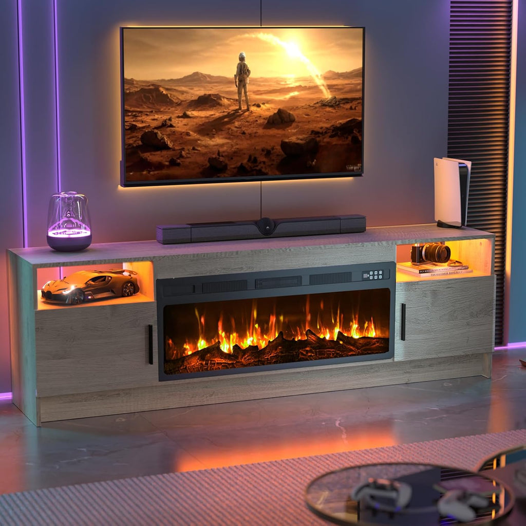 Fireplace TV Stand with 36" Fireplace Up to 80" TV, 70" Entertainment Center with LED Lights, Remote Control, TV Media Console with Storage Cabinets for Living Room, Grey