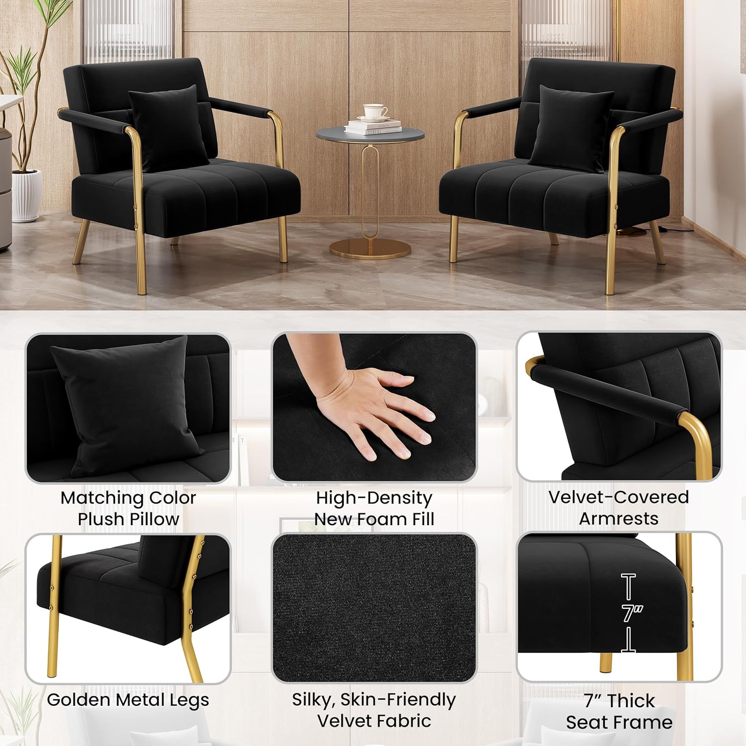 Yaheetech 30" W Modern Sofa Small Sofa Luxurious Velvet Fabric Couch with Gold-Tone Metal Arms and Legs for Living Room, Home Office, Studio Black