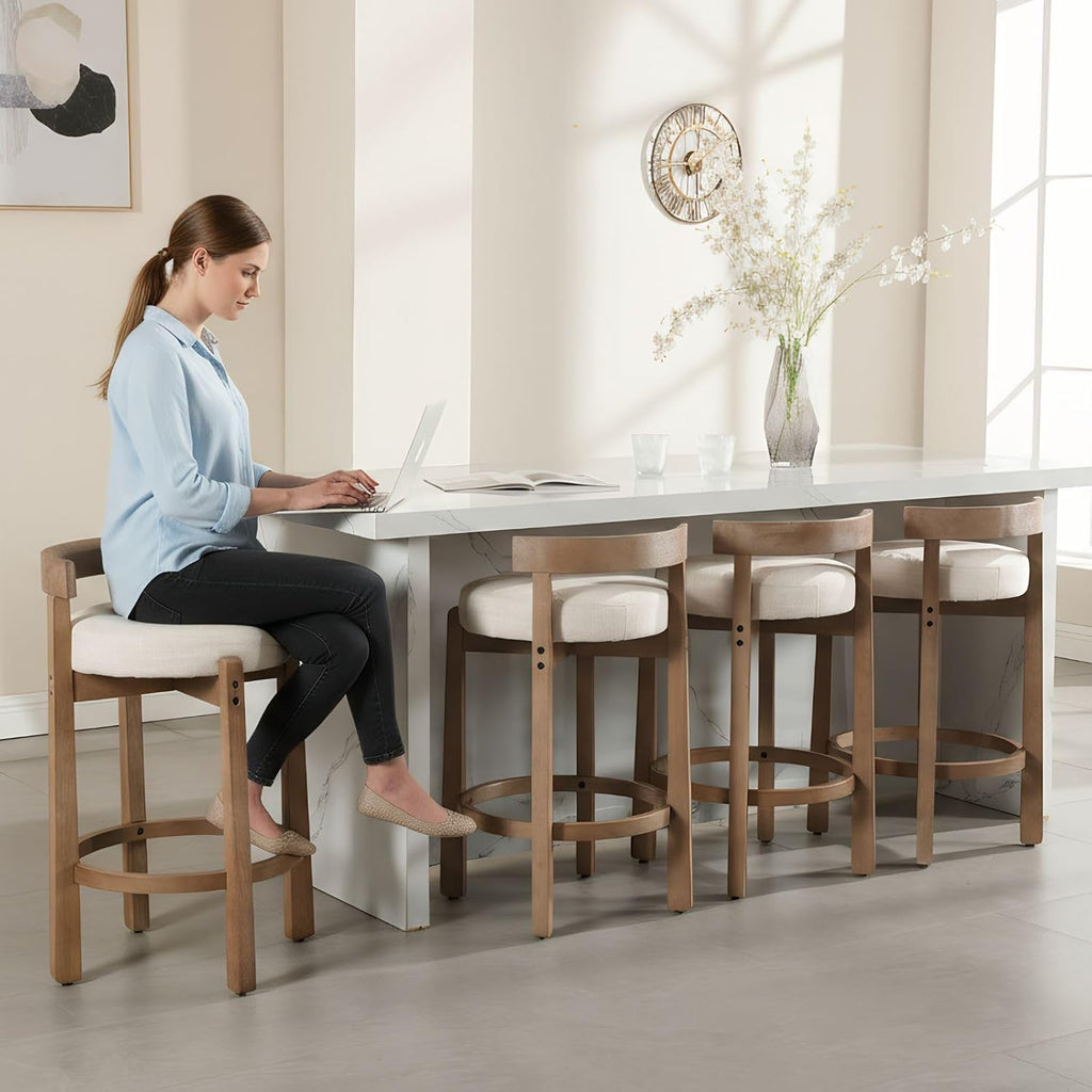 LukeAlon Mid Century Linen Counter Stools Set of 4, Upholstered 26.5” Seat Height Low Barstools with Natural Wood Legs Round Low Back Kitchen Stools with Footrest for Dining Room, Beige