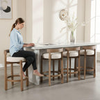 LukeAlon Mid Century Linen Counter Stools Set of 4, Upholstered 26.5” Seat Height Low Barstools with Natural Wood Legs Round Low Back Kitchen Stools with Footrest for Dining Room, Beige