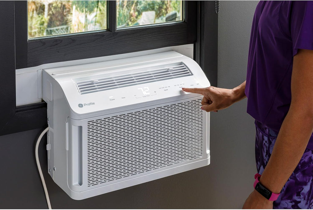 GE Profile ClearView Window Air Conditioner Unit, 8,300 BTU, U-Shaped Adjustable Depth, Energy Efficient Cooling up to 350 sq ft., Ultra Quiet, SMART Home Capable, Includes Remote, White
