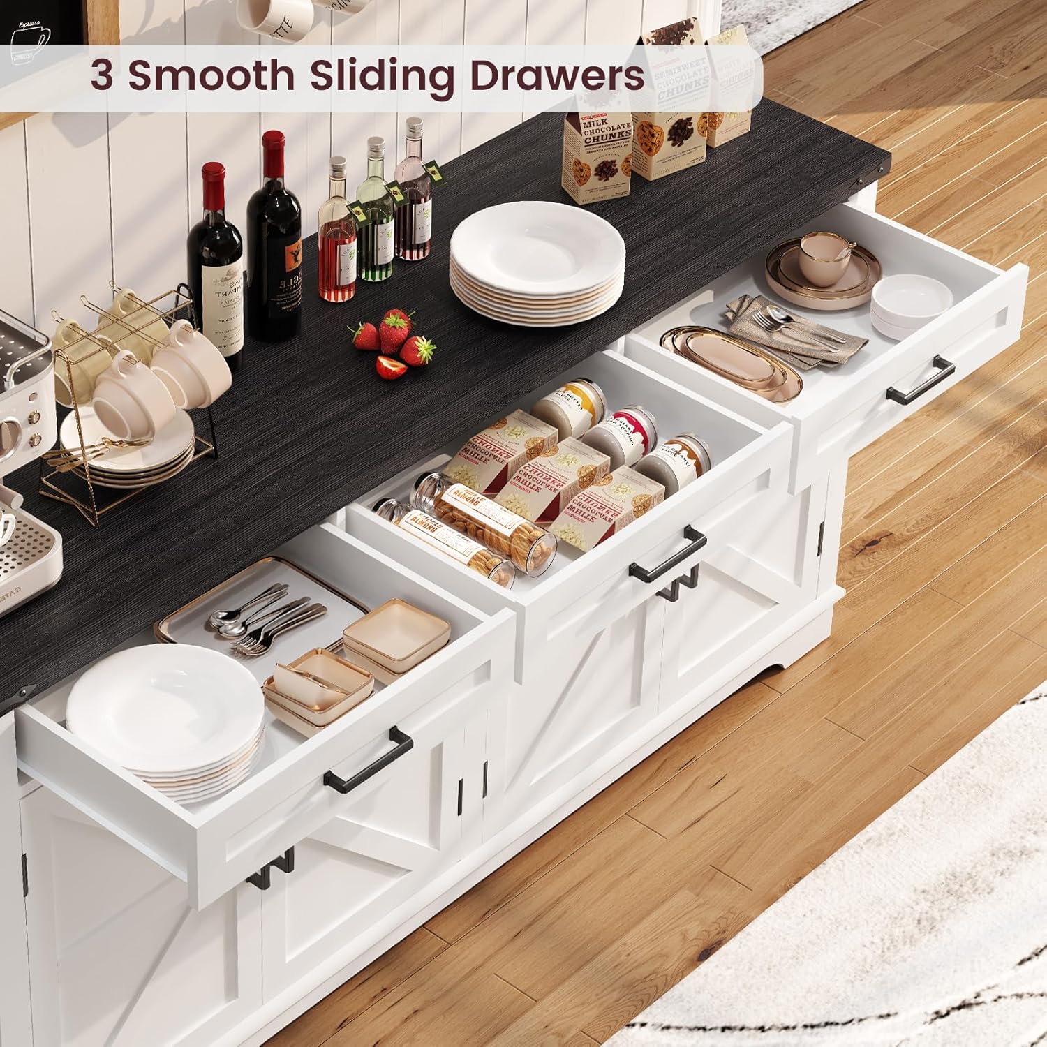TEENFON 61" Farmhouse Buffet Cabinet with 2 Adjustable Shelves, Sideboard with 3 Drawers & 4 Doors, Rustic Storage Cabinet for Kitchen, Entryway, Coffee Bar, White