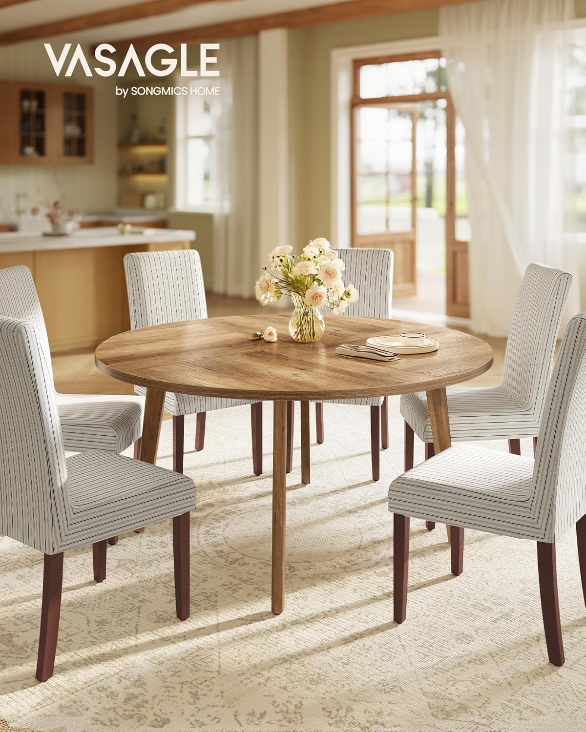 VASAGLE MAEZO Collection - Round Dining Table for 4-6 People, 47.2 Inches Circle Kitchen Table with Tapered Legs, Curved Transitions, for Dining Room, Kitchen, Honey Brown UKDT091KB02S