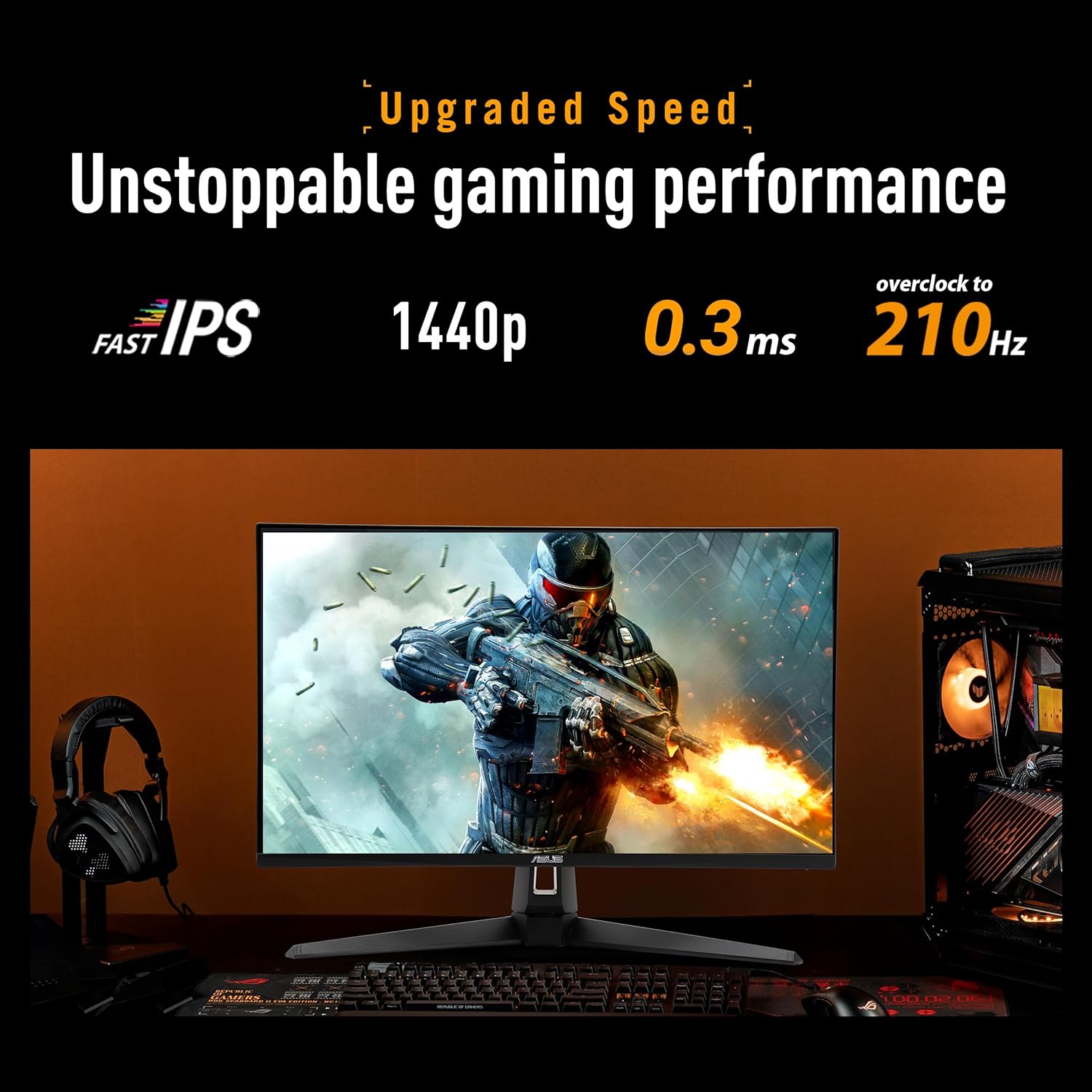 ASUS TUF Gaming 27” 1440P Monitor (VG27AQL5A) – QHD (2560 x 1440)  210Hz  0.3ms  Fast IPS  Extreme Low Motion Blur Sync  Speakers  DisplayWidget Center  Gaming AI  Height Adjustment  3 yr Warranty