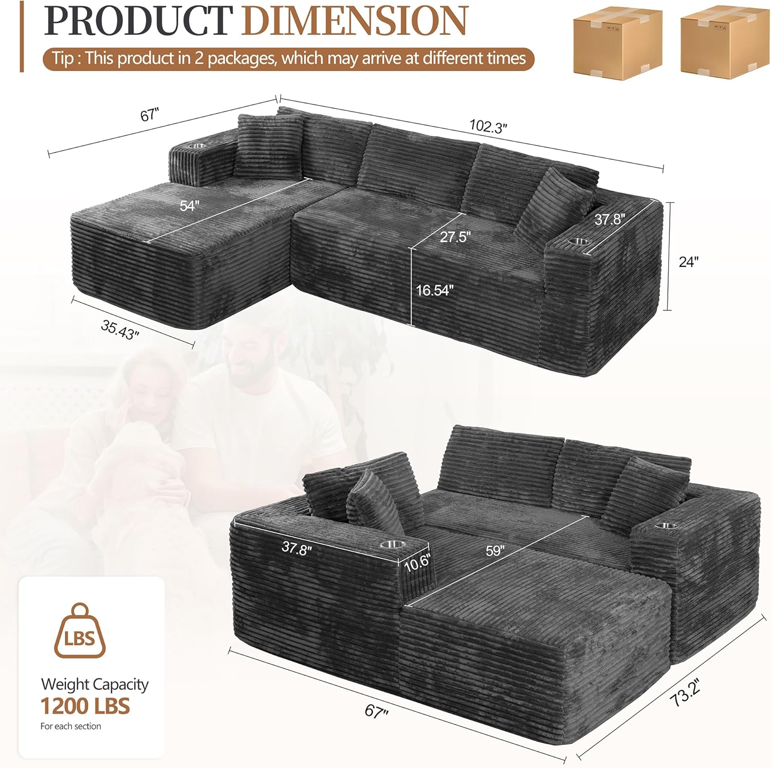 Vongrasig 103" Boneless Couches for Living Room,Sectional Couches Modular Sofa with L-Shaped Chaise, Memory Foam Comfy Cloud Couch with Plush Corduroy Fabric, No Assembly Required, Dark Grey