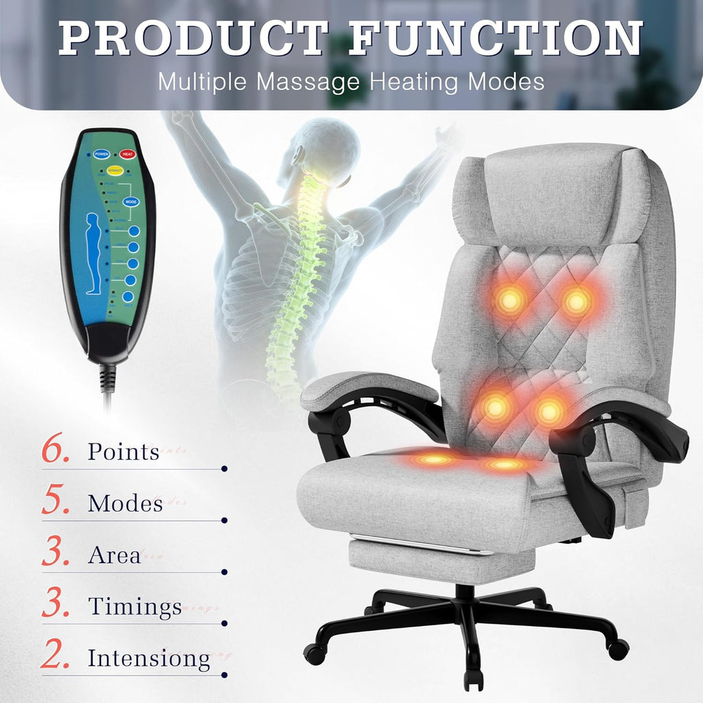 Furmax Massage Office Chair with Foot Rest 6 Points Vibration 400LBS Big and Tall Office Chair for Heavy People High Back Reclining Executive Computer Chair for Home Office Desk (Grey)