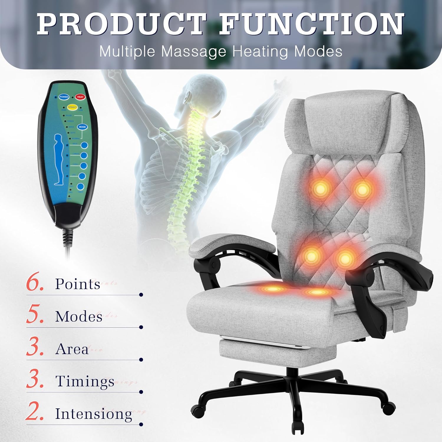 Furmax Massage Office Chair with Foot Rest 6 Points Vibration 400LBS Big and Tall Office Chair for Heavy People High Back Reclining Executive Computer Chair for Home Office Desk (Grey)