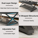 LVB Black Coffee Table, Wood Metal 2 Tier Center Tables with Storage Shelf, Modern Rectangular Concrete Tea Table for Living Room, Wooden Middle Cocktail Table for Office Bedroom, 47 inch, Black Oak