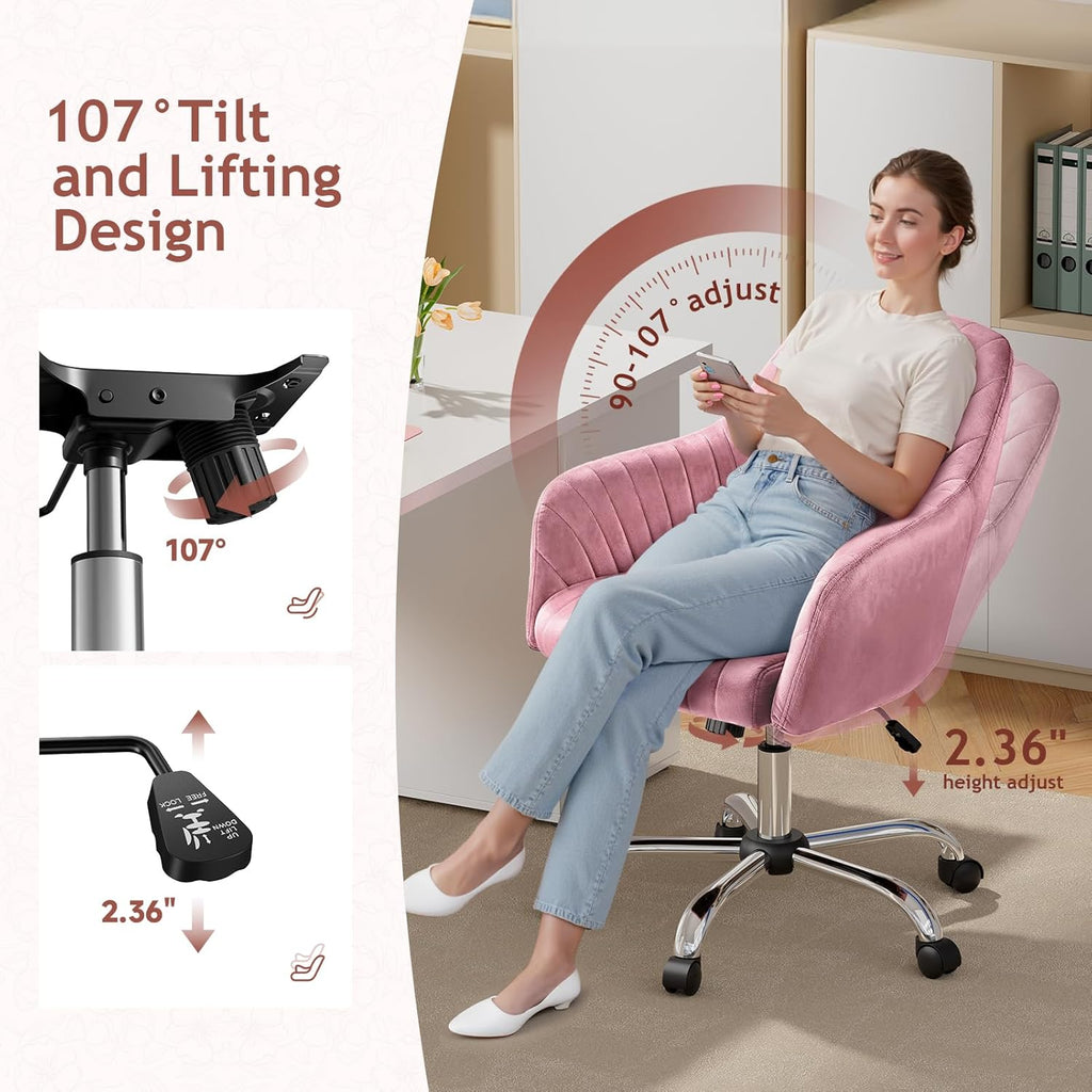 Warmiehomy Office Chair, Velvet Desk Chair for Home Office, Cozy Vanity Chair, Girl Cute Makeup Chair with Arm Rest for Bedroom Dressing Room (Dusty Rose)