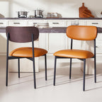 Brown Faux Leather Dining Chairs Set of 4, Armless Upholstered Kitchen Chairs with Wood Grain Back, Modern Dining Room Chairs with Curved Backrest & Black Metal Legs