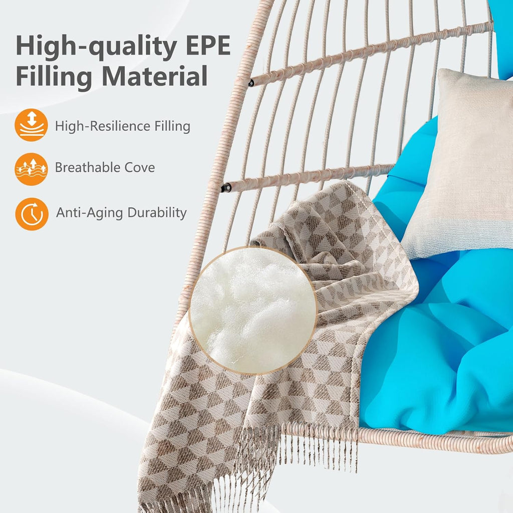 Hanging Egg Chair Without Stand, HDPE Rattan Foldable Swing Chair with Pillow, Aluminum Frame & UV Resistant Cushion for Indoor Outdoor Bedroom Garden, 350Lbs Capacity (Blue)