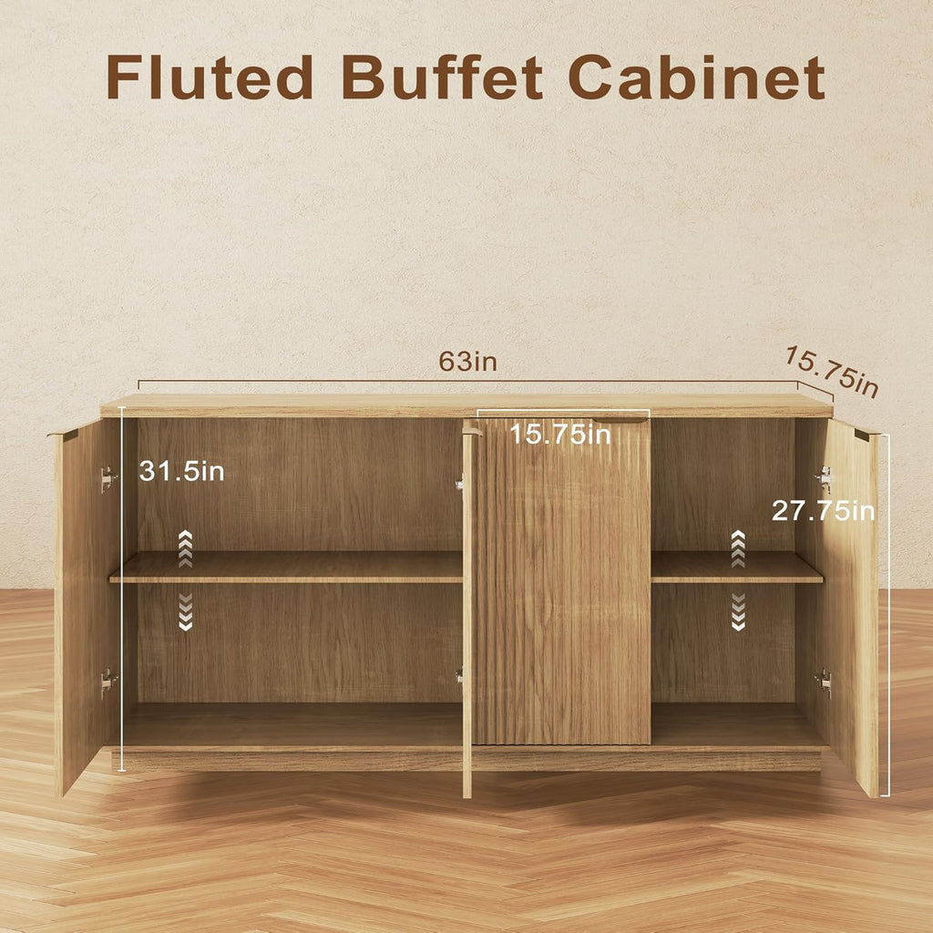 Fluted Sideboard Buffet Cabinet with Storage,63" Modern Credenza Storage Cabinet with Doors and Adjustable Shelves,Wooden Buffet Cabinet for Kitchen,Living Room,Natural Oak