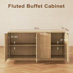Fluted Sideboard Buffet Cabinet with Storage,63" Modern Credenza Storage Cabinet with Doors and Adjustable Shelves,Wooden Buffet Cabinet for Kitchen,Living Room,Natural Oak