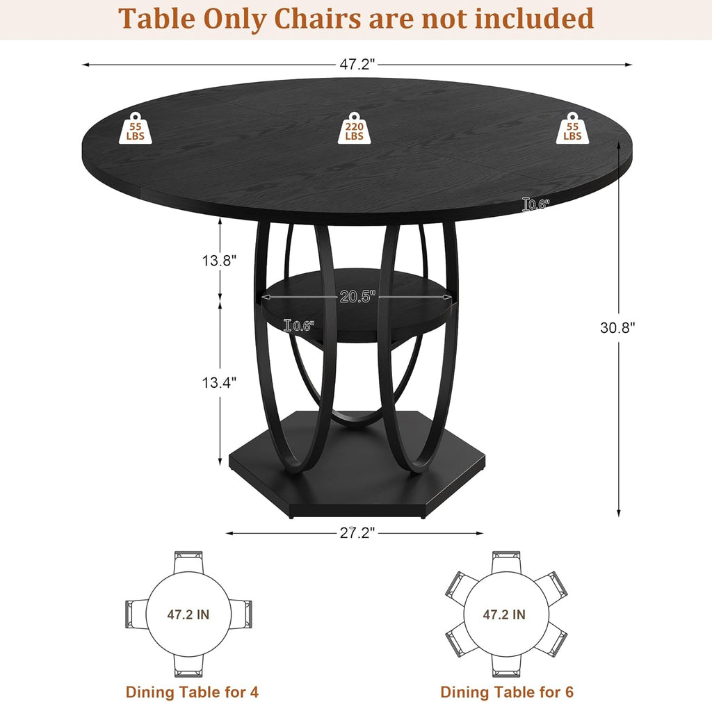 47.2" Black Round Dining Table for 4-6, Circle Kitchen Table with Open Storage Shelf, Modern Wooden Dinner Table with Metal Pedestal Base, Dining Room Tables for Kitchen Small Space