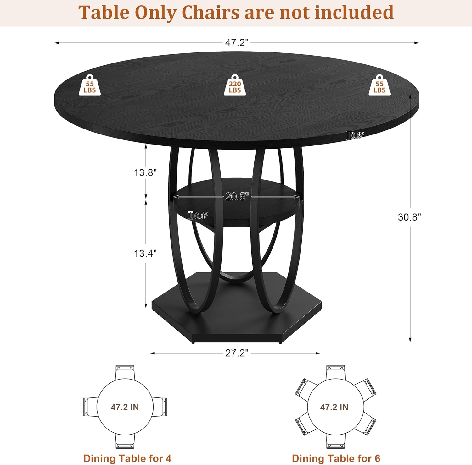 47.2" Black Round Dining Table for 4-6, Circle Kitchen Table with Open Storage Shelf, Modern Wooden Dinner Table with Metal Pedestal Base, Dining Room Tables for Kitchen Small Space