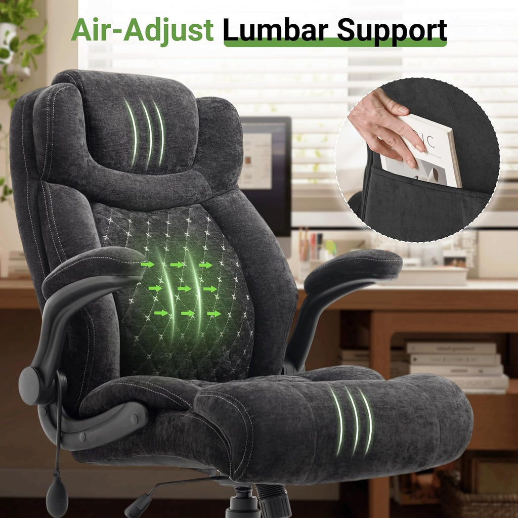 Office Chair, Big and Tall Executive Chairs with Lumbar Support for Back Pain, Breathable Fabric Desk Computer Chair with Adjustable Flip-up Armrests,Wide Cushion Swivel Home Office Chair Black,Black