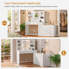 Quimoo Vanity Desk with LED Lighted Mirror & Power Outlet, Modern Corner Makeup Vanity Table with 8 Drawers & Open Shelves, Dressing Table for Bedroom, Makeup Room, White